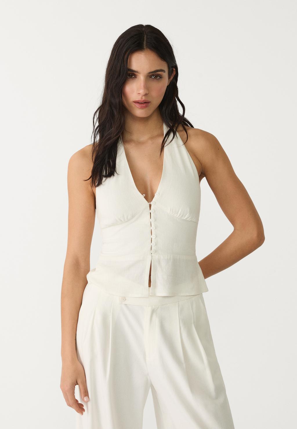 Linen blend halter top with buttons