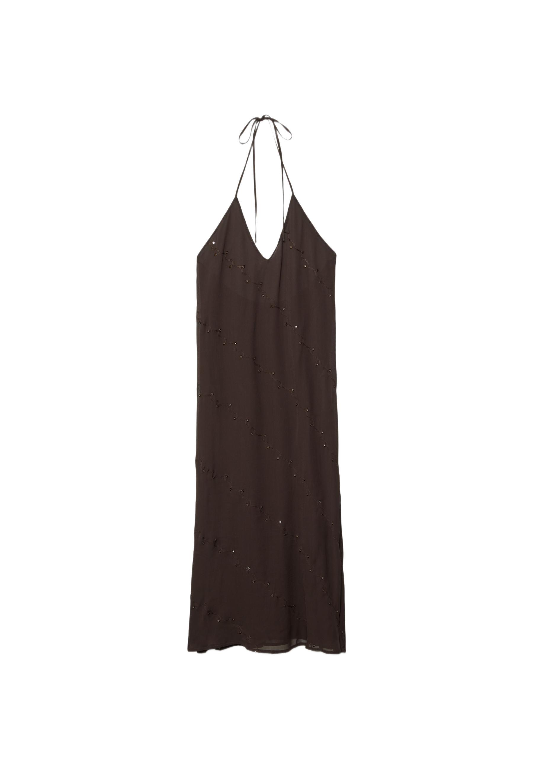 Long halter embroidered dress — Brown