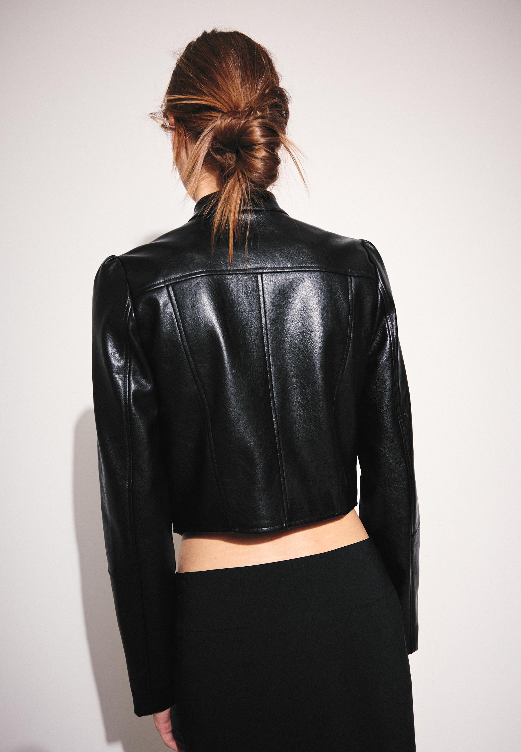Cropped leather effect biker jacket — Black