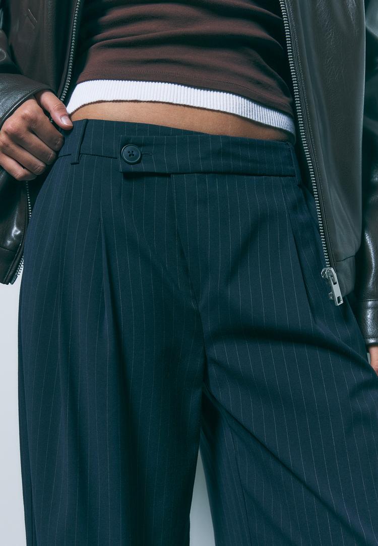 casual striped smart trousers with crossover waist
