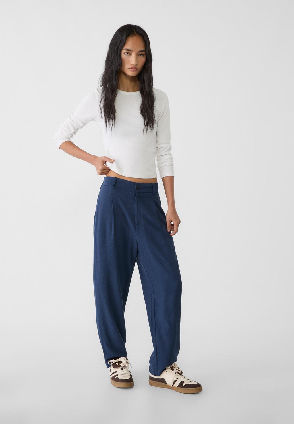 Carrot fit linen blend trousers