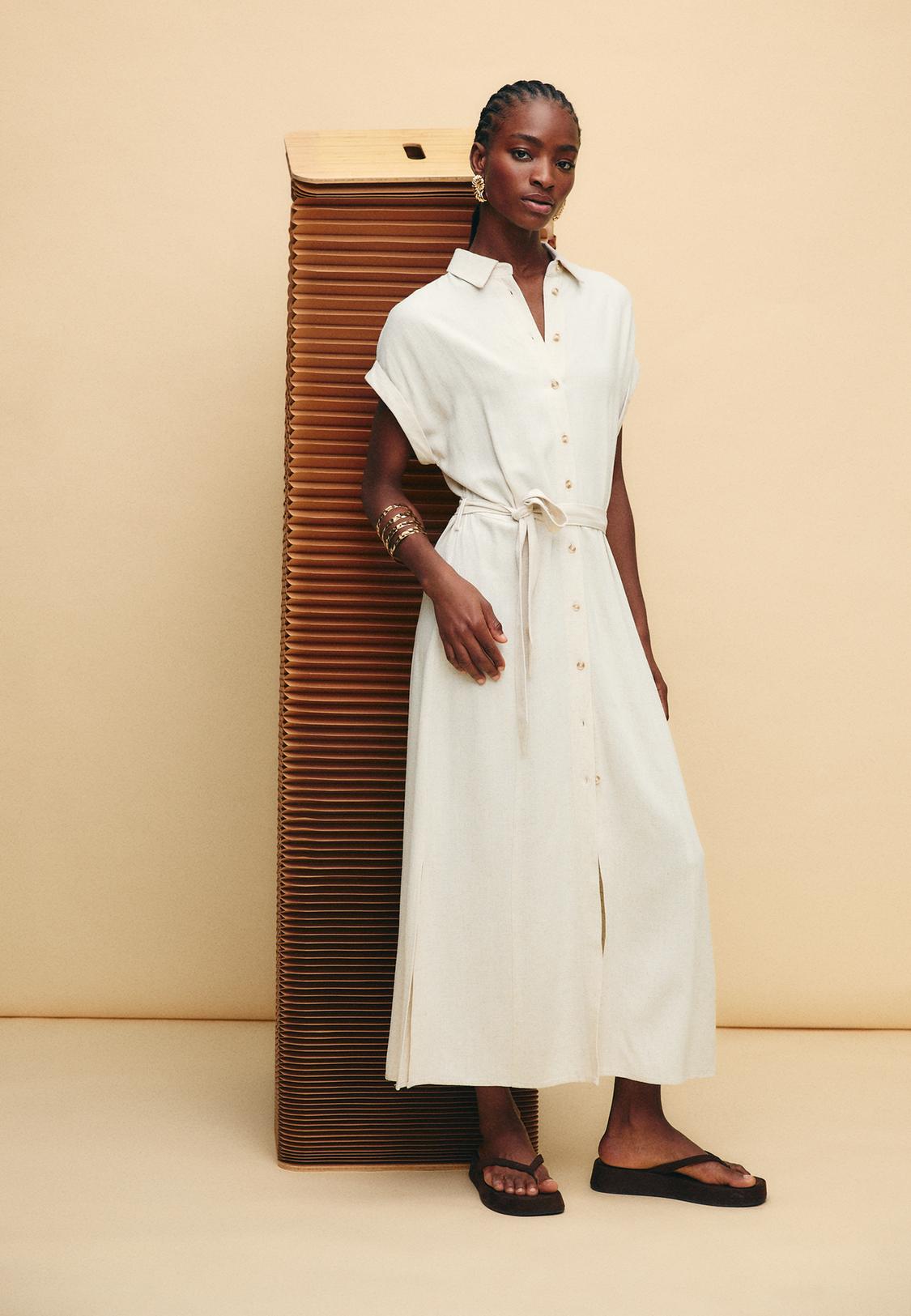 Robe Femme Robe Chemise Longue Lin Robe-Chemise Rayée Bleu Et