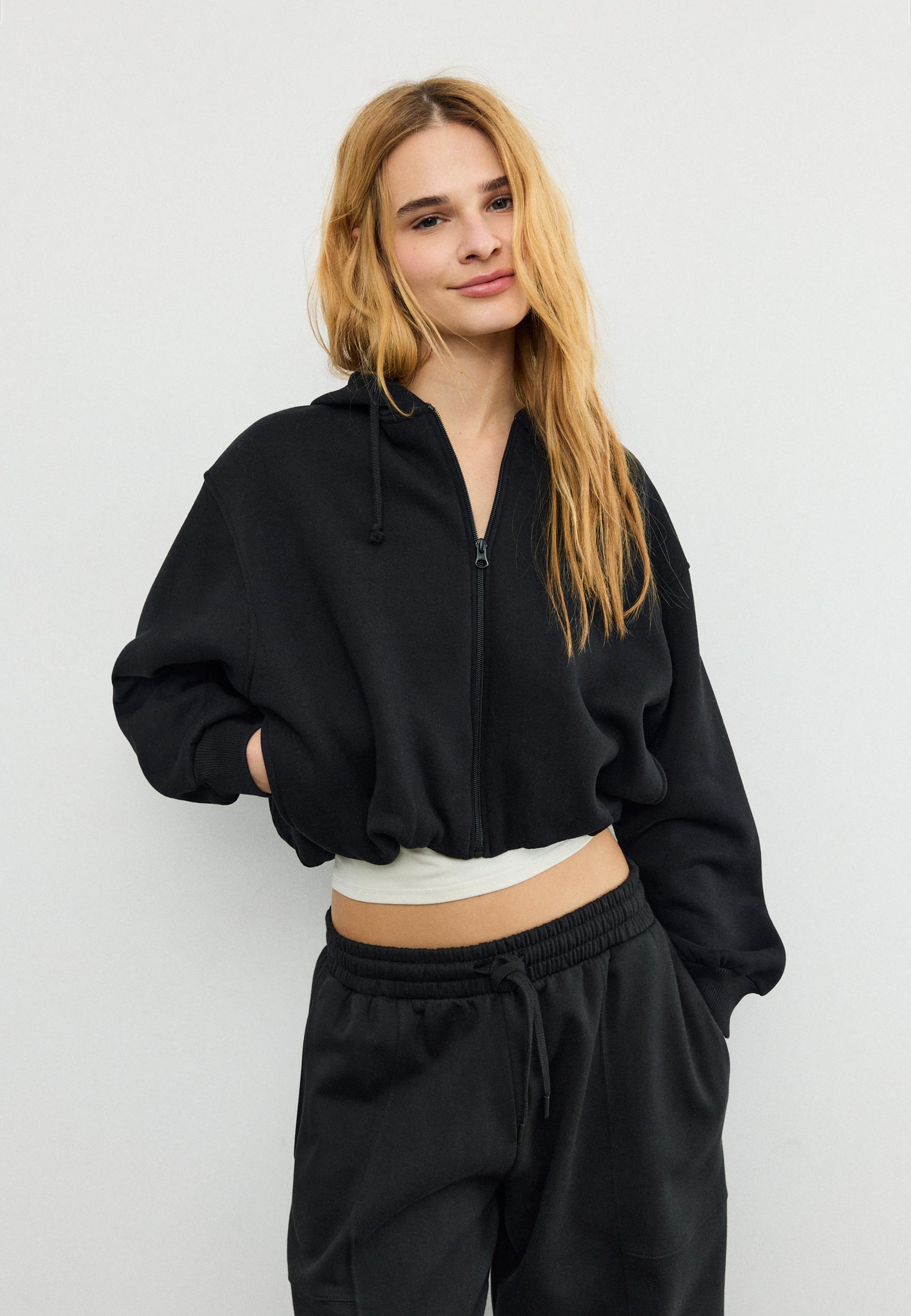 Printed Hooded Bomber Sweatshirt — Black