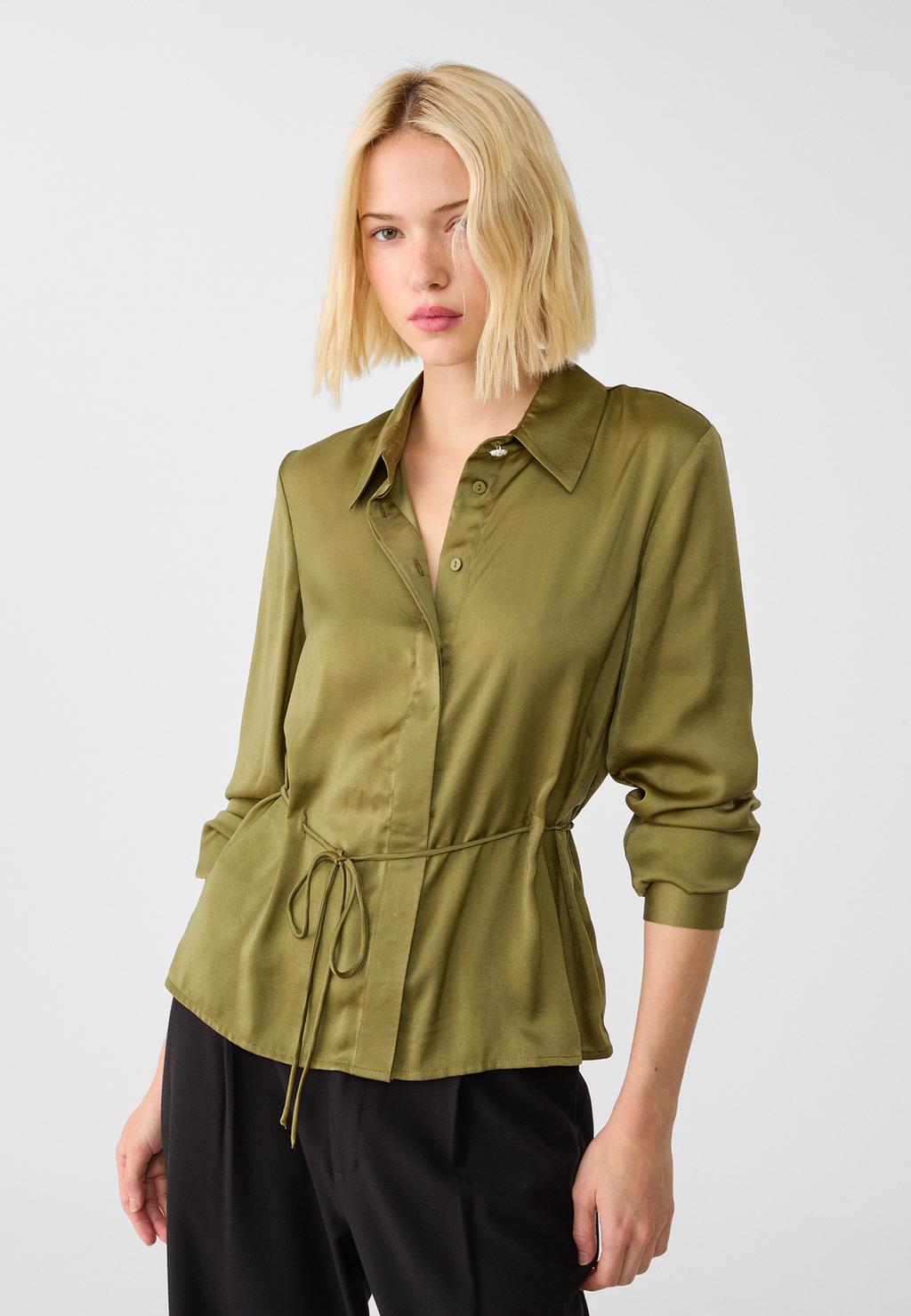 Flowing satin shirt with belt