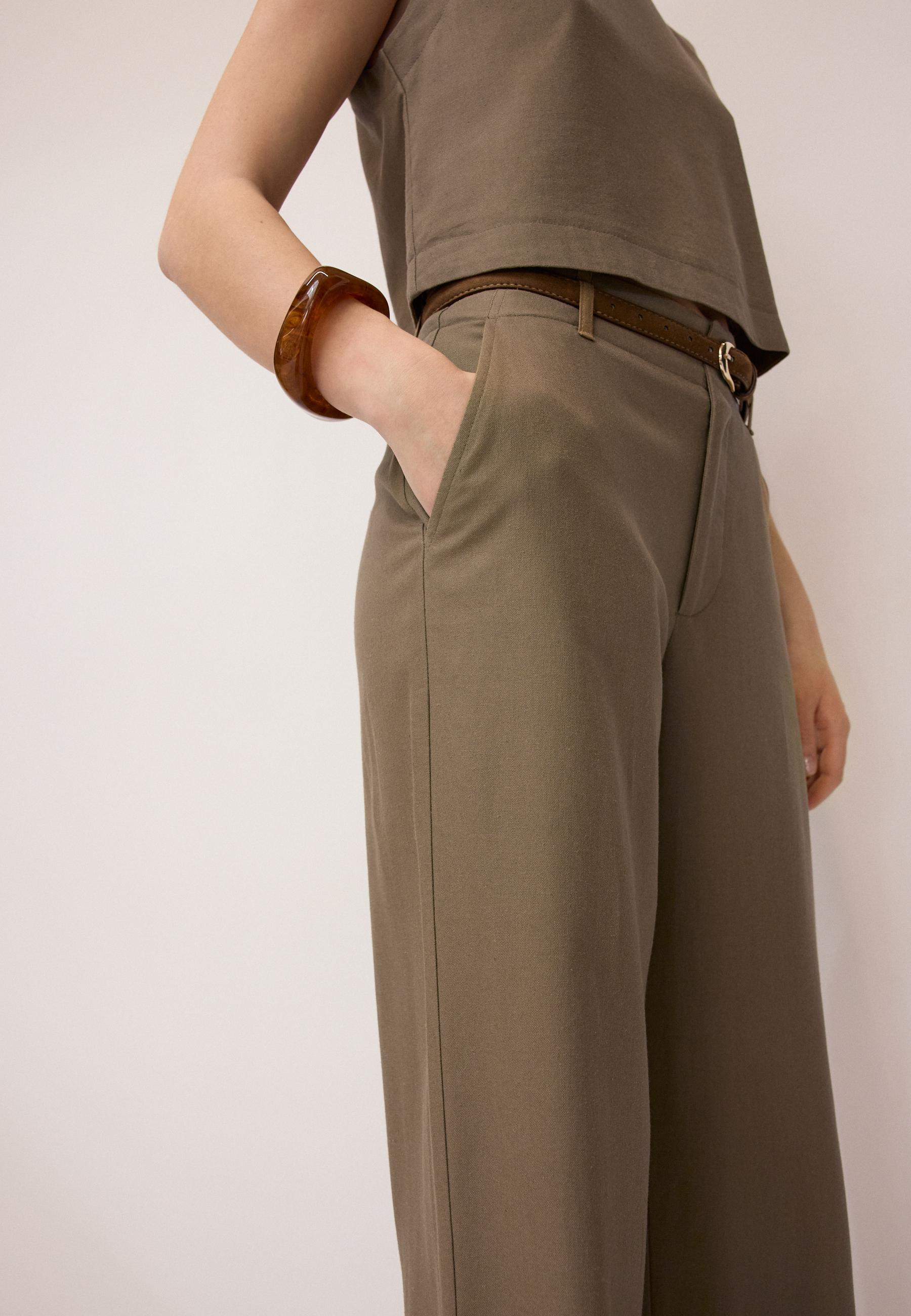 Kemerli, keten görünümlü düz paça pantolon - Görsel 2