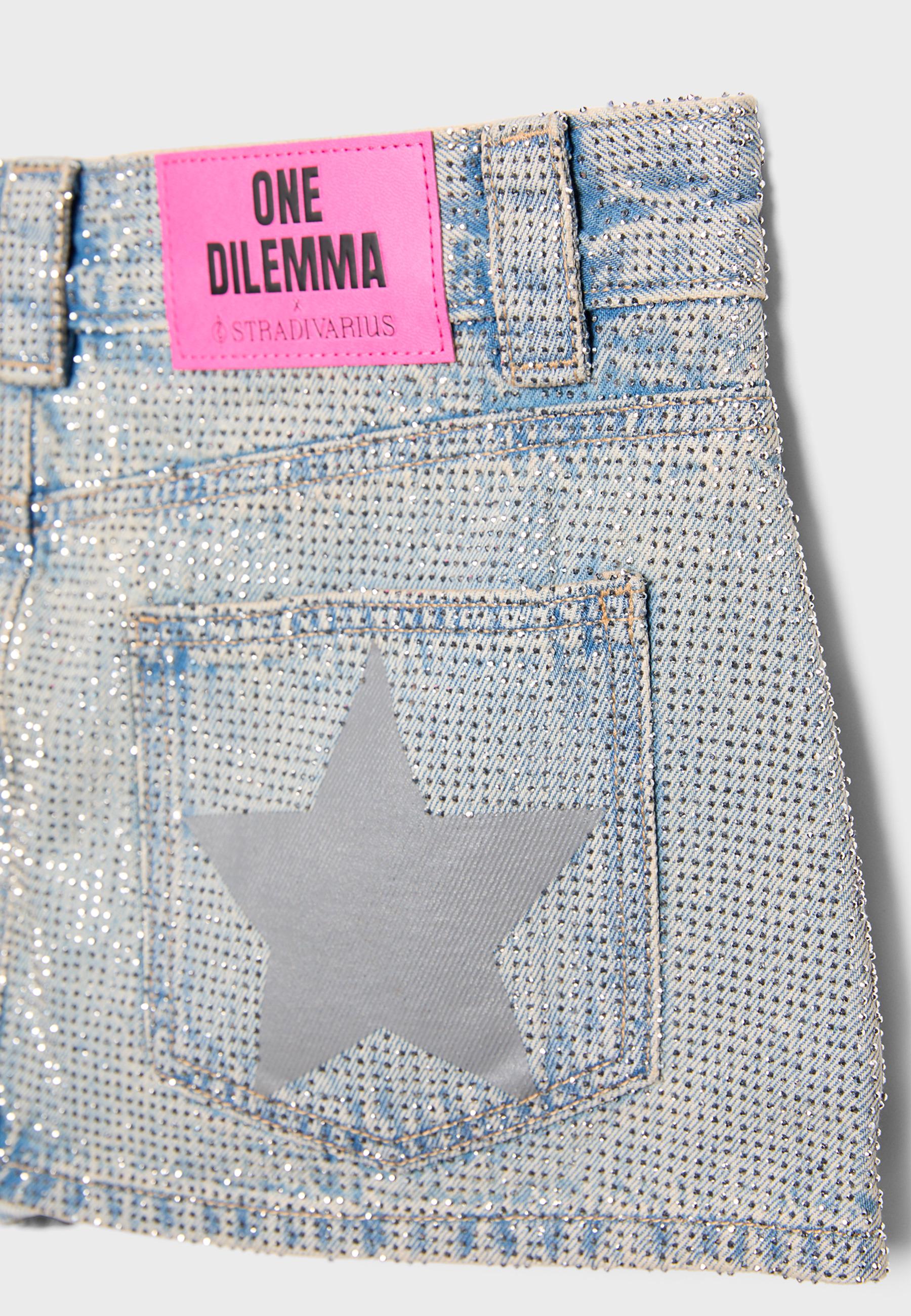 One Dilemma denim skort with rhinestones — OVERDYED BLUE DENIM