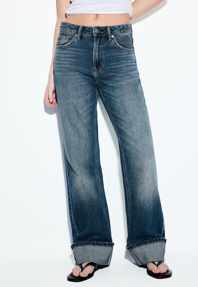 Stradivarius Blugi D92 Straight Fit Largi Efect Prespălat Denim Gri Perlat 36