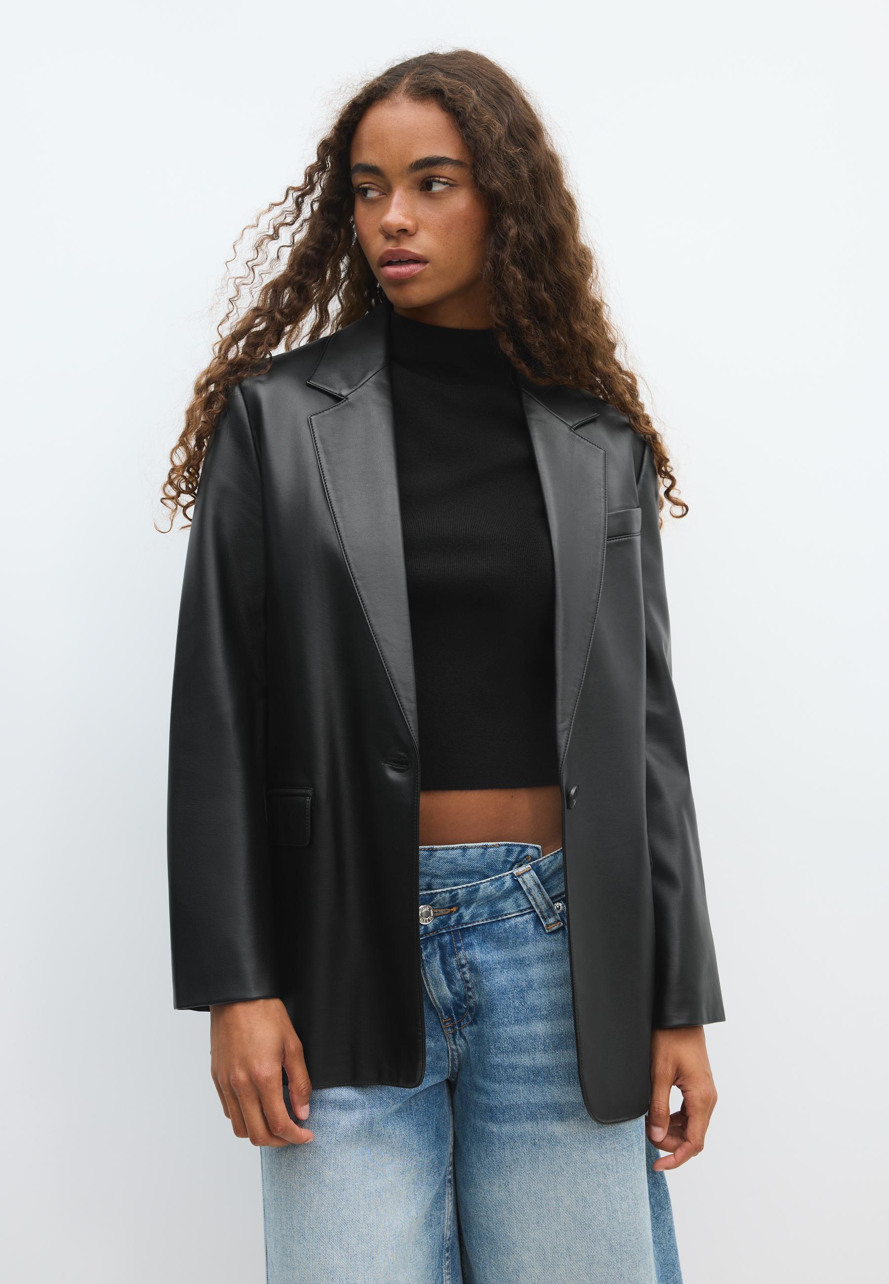 Stradivarius Regular fit suni deri efektli blazer ceket görsel 6