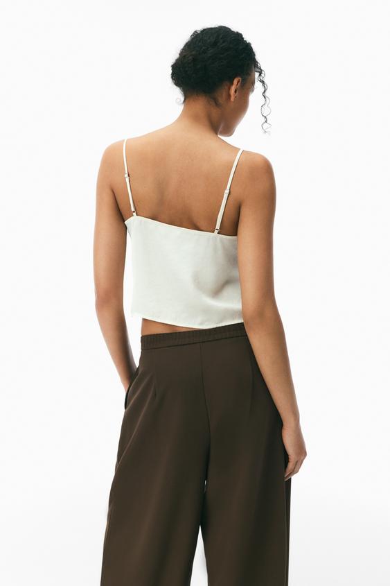 Stradivarius Top À Bretelles Dentelle Satiné Écru Xl