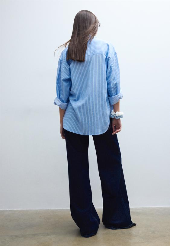 Stradivarius Linen-Effect Shirt Sky Blue M