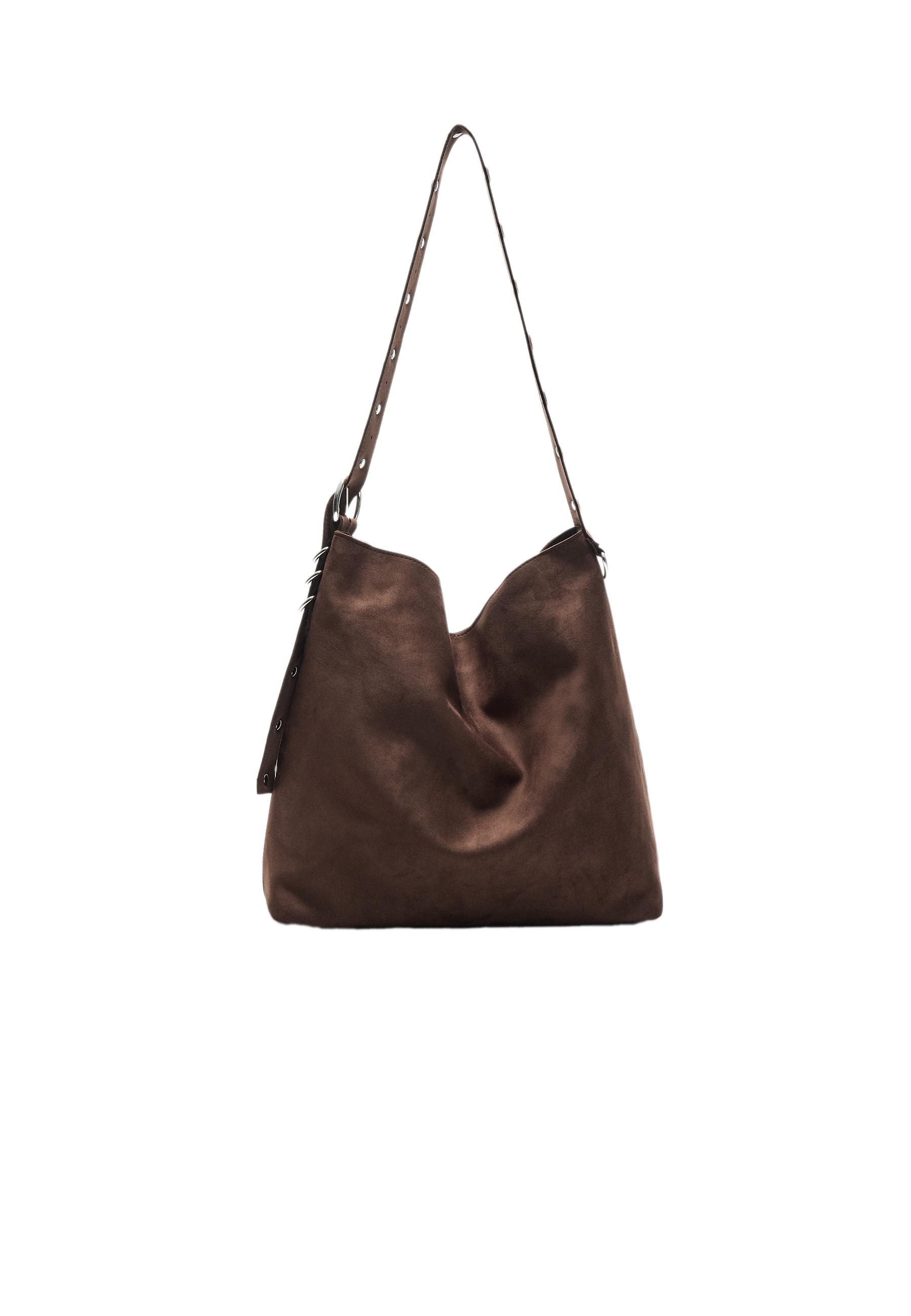 Faux suede bucket bag with strap detail — Brown