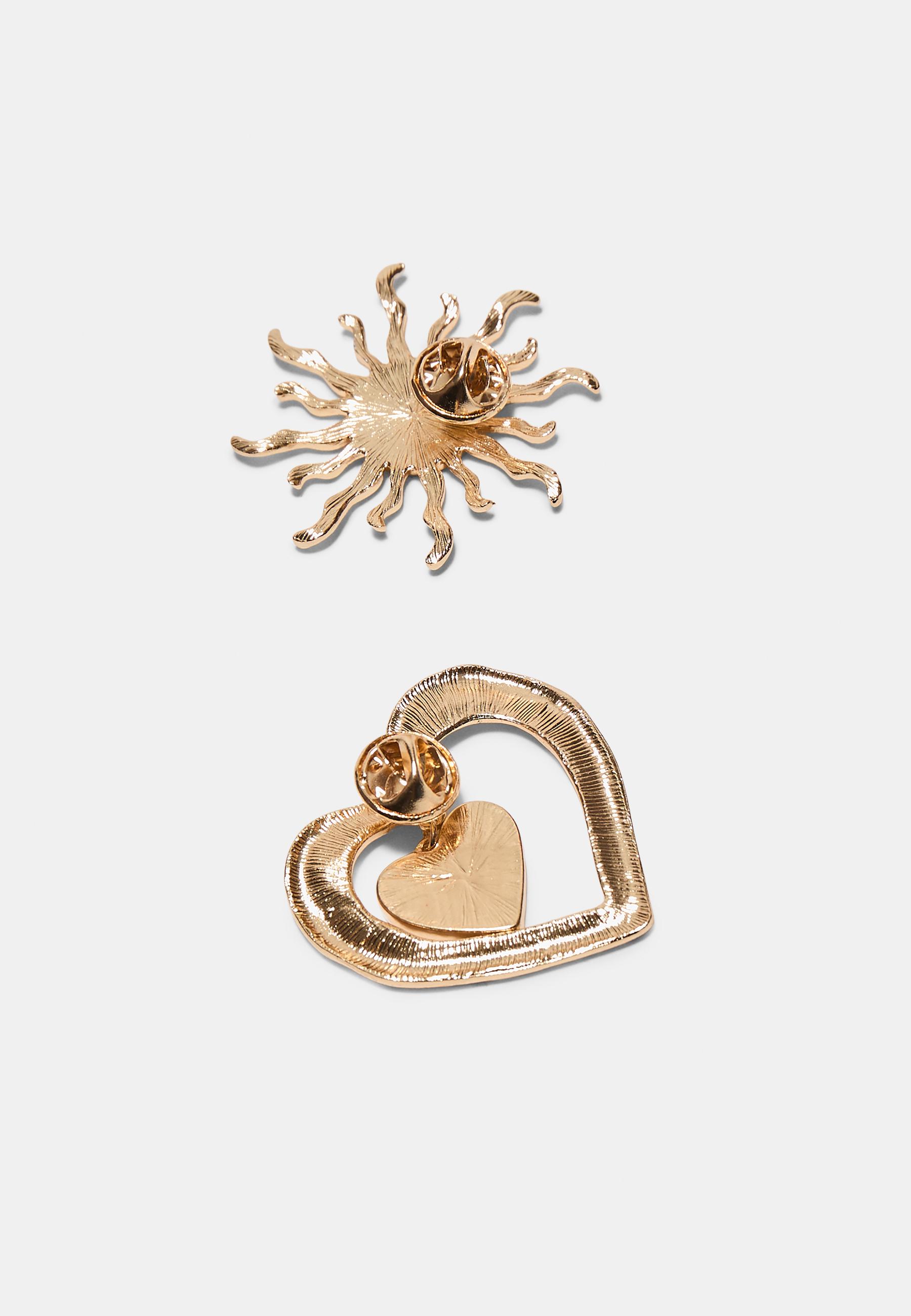 Set of 2 sun and heart brooches — Gold