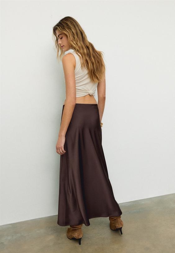 Stradivarius Satin Midi Skirt Brown M