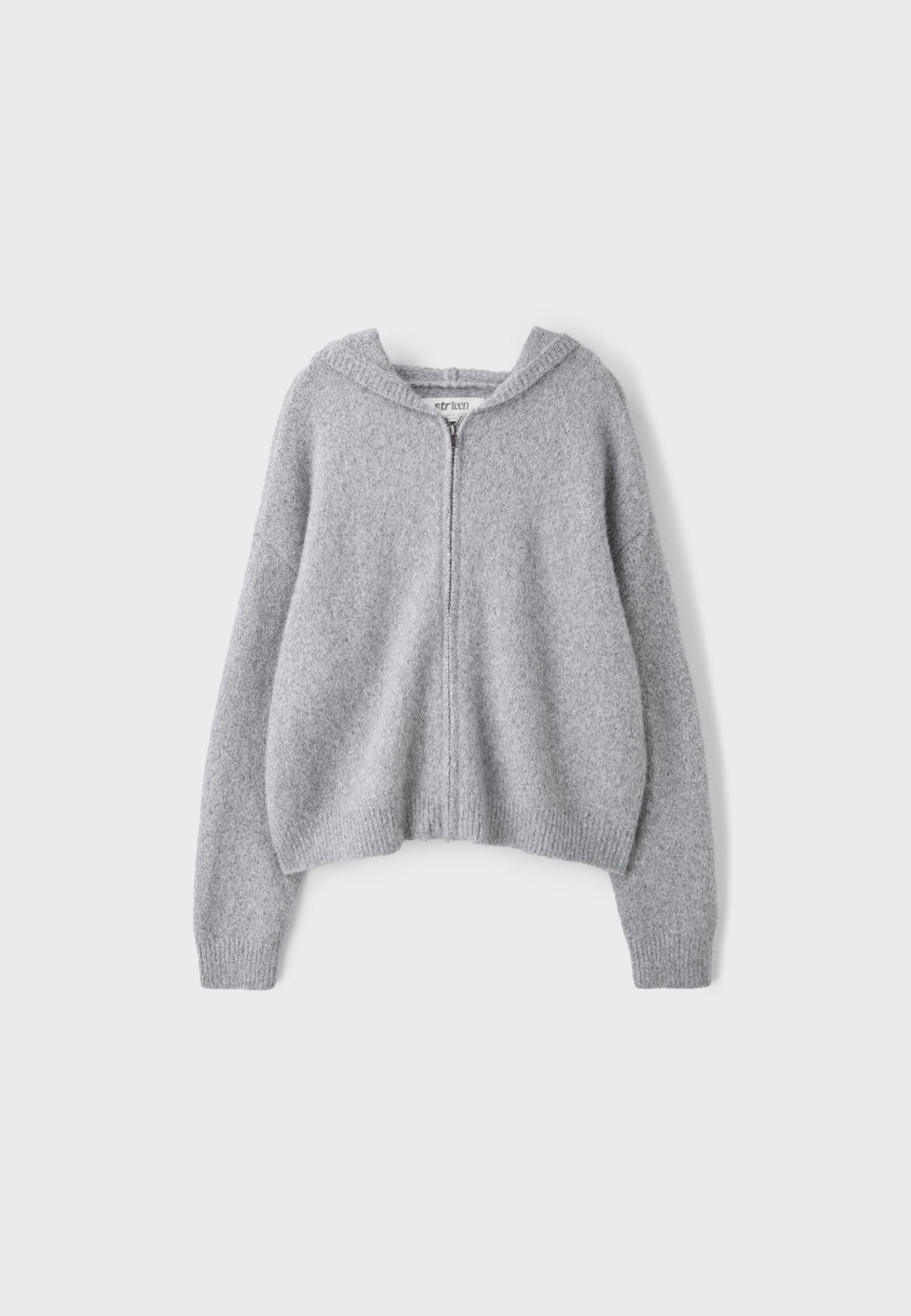 Zipped hooded knit cardigan — Grey melange