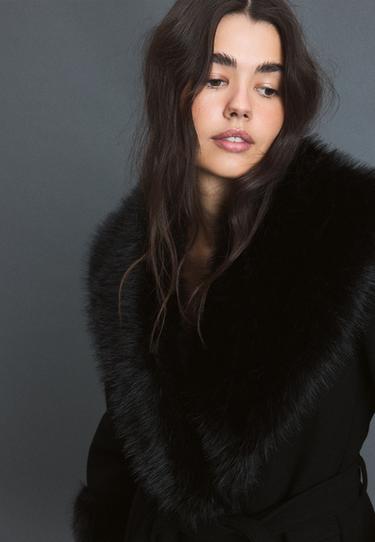 Wool-blend faux fur collar coat — Black 4