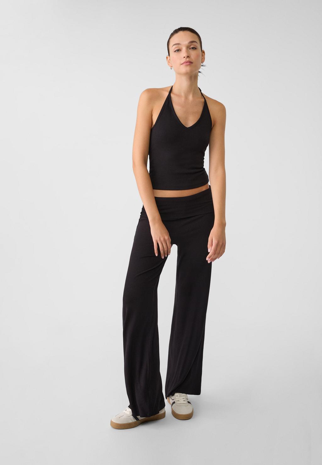 Wide-leg trousers with ribbed fold-down waist