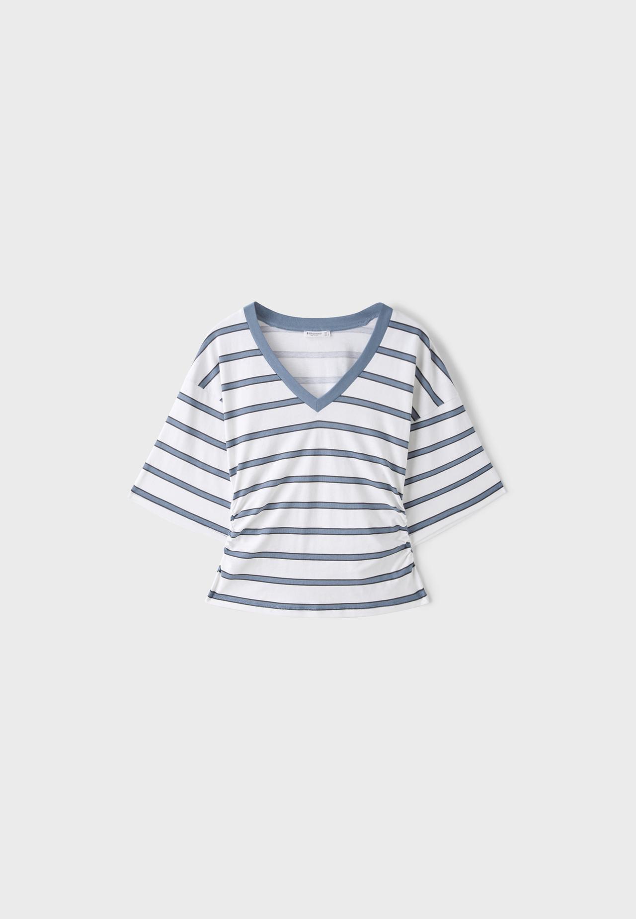 Striped V-neck kimono sleeve T-shirt — Sky blue