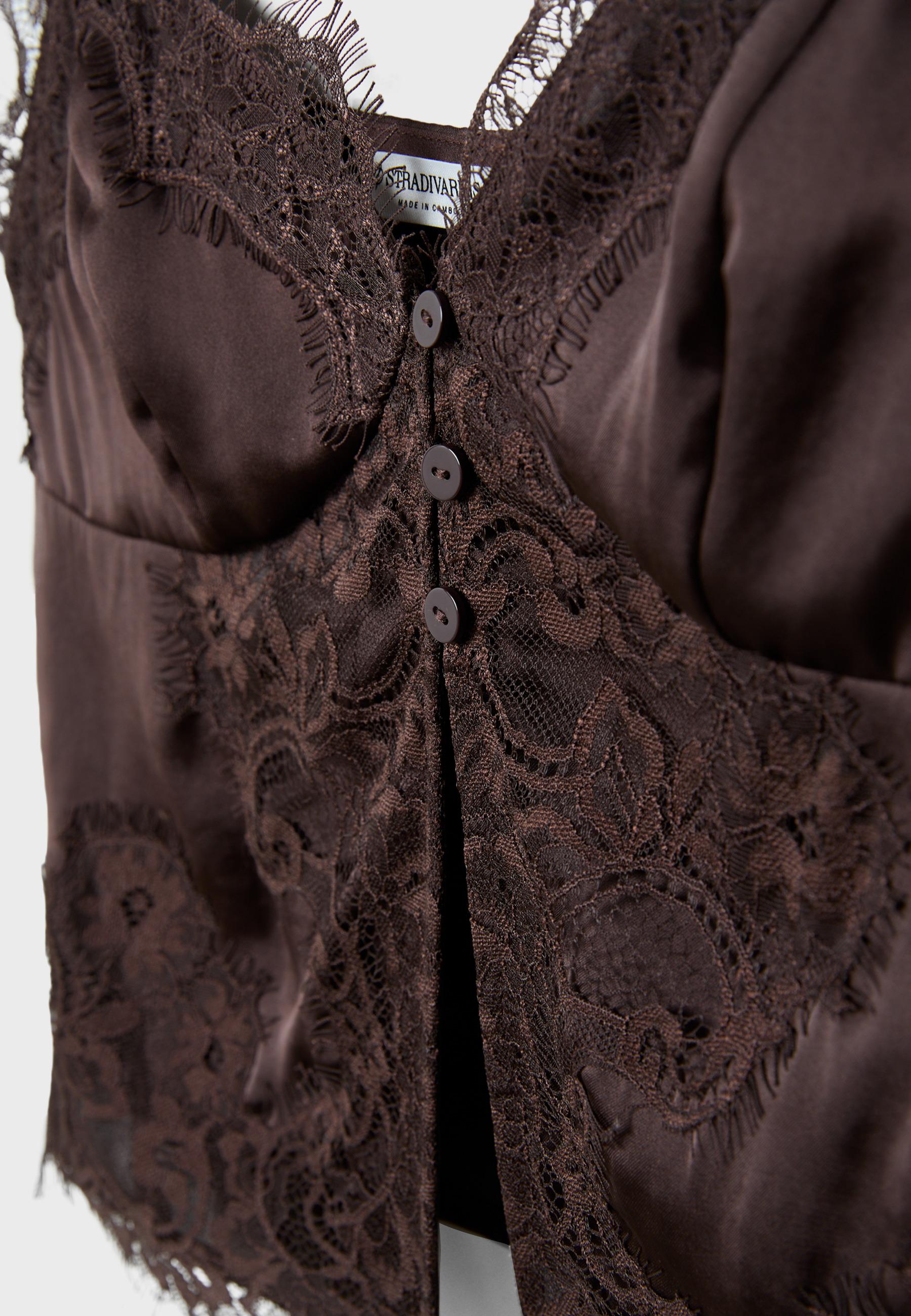 Strappy satin lace top — Brown