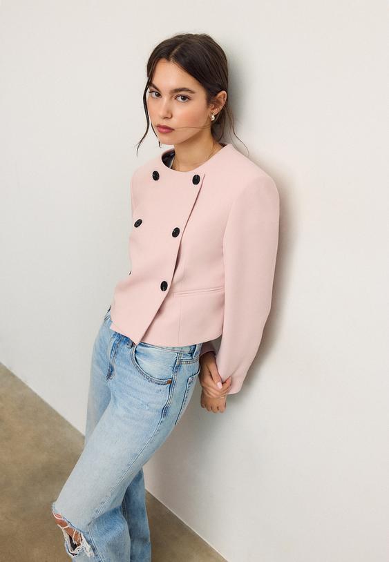 Stradivarius Round Neck Cropped Blazer Pastel Pink Xl