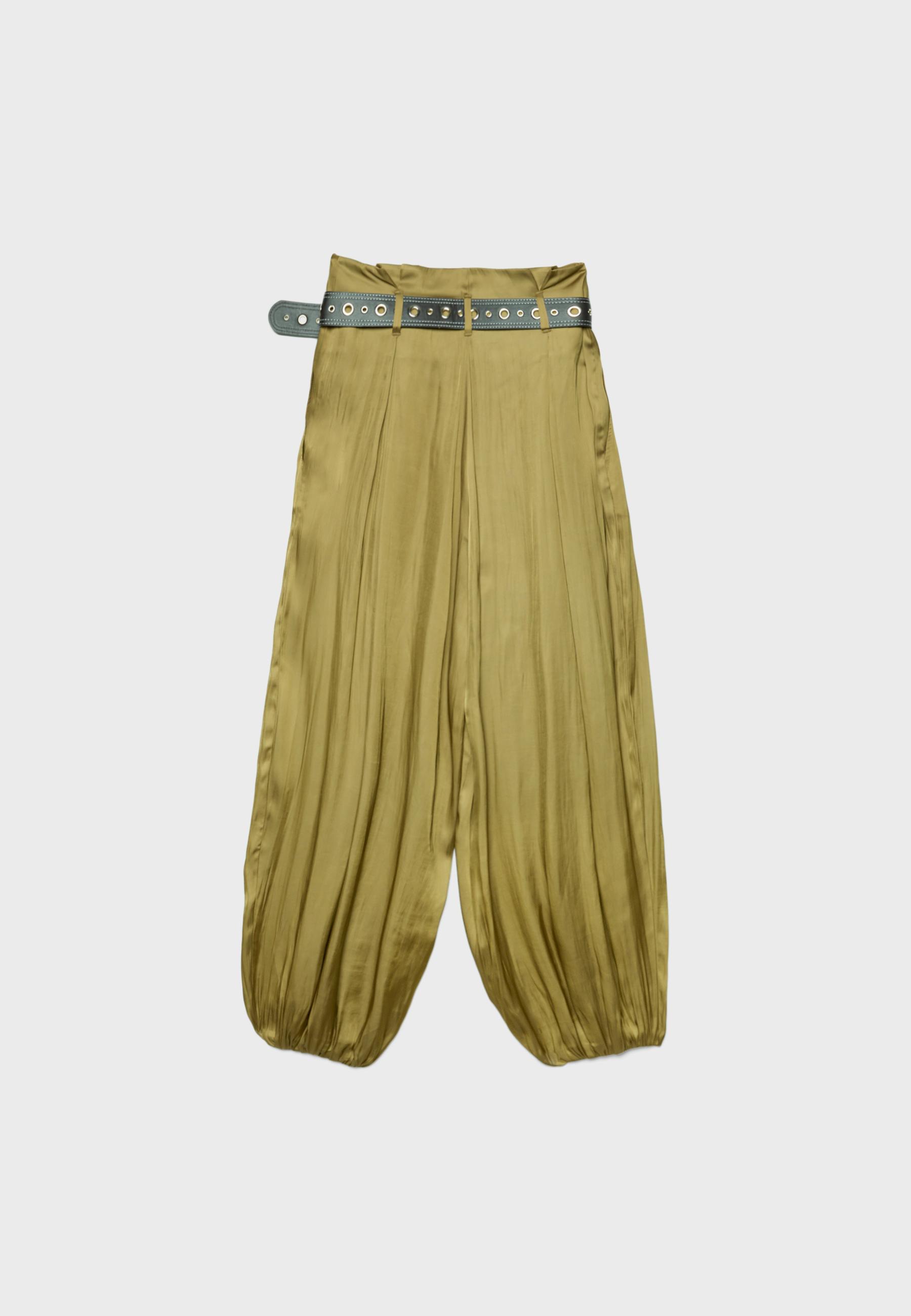 Satin sarouel trousers with belt — Olive green
