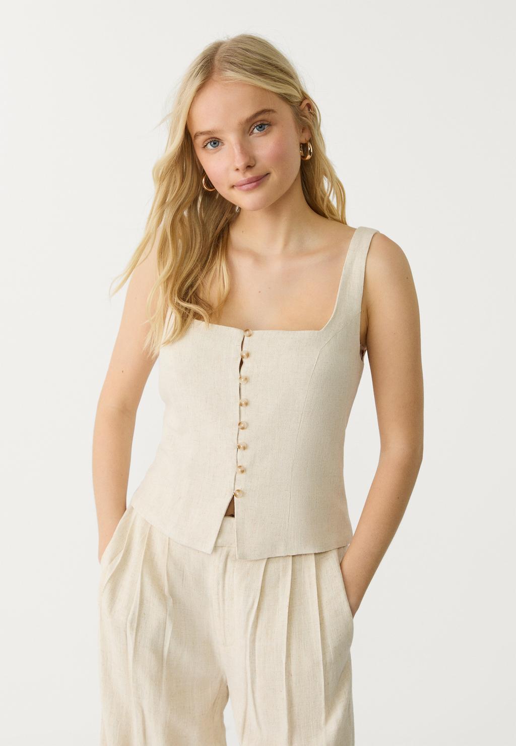 Strappy linen blend top with buttons