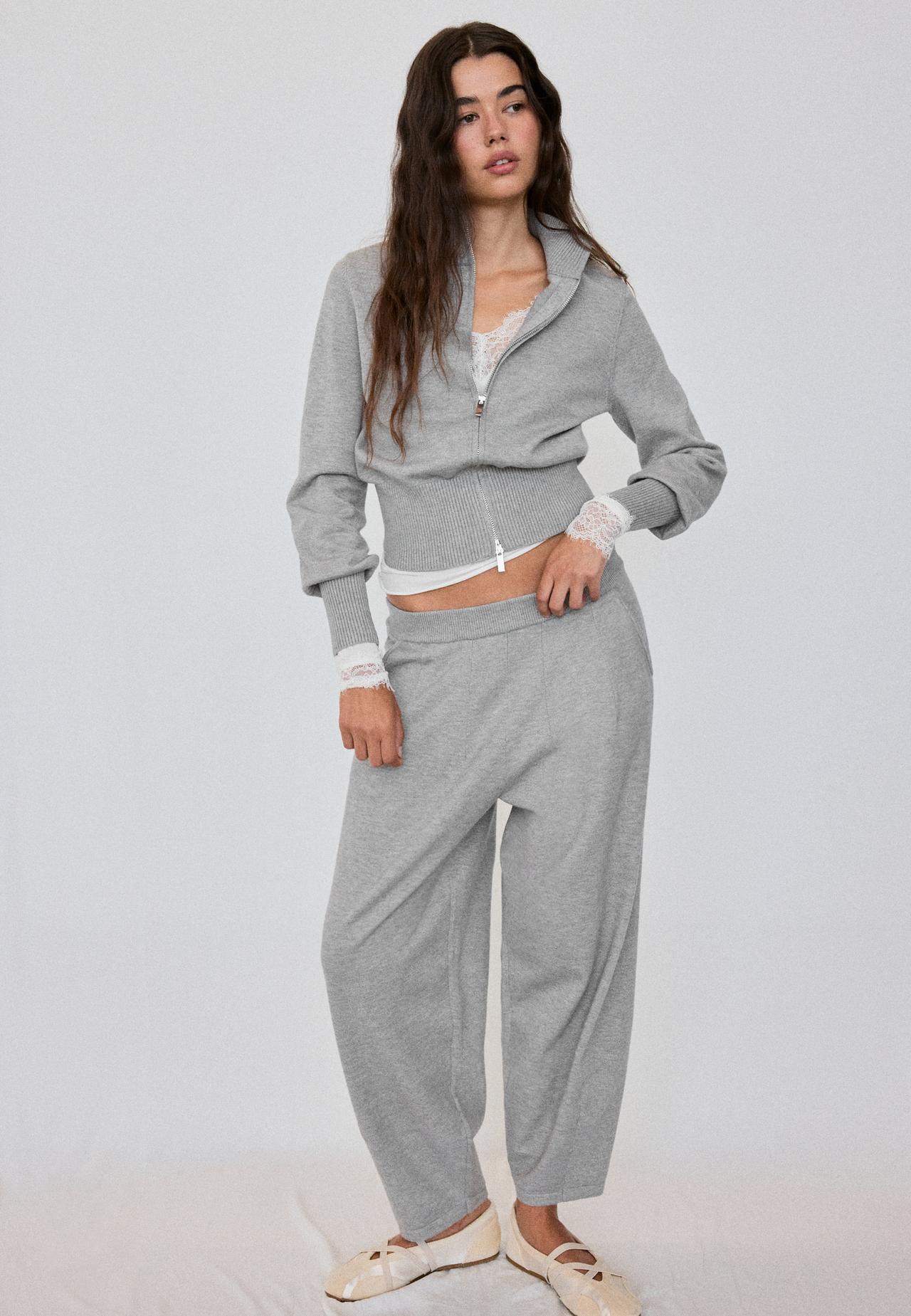 Fitted zip-up knit cardigan — Grey melange