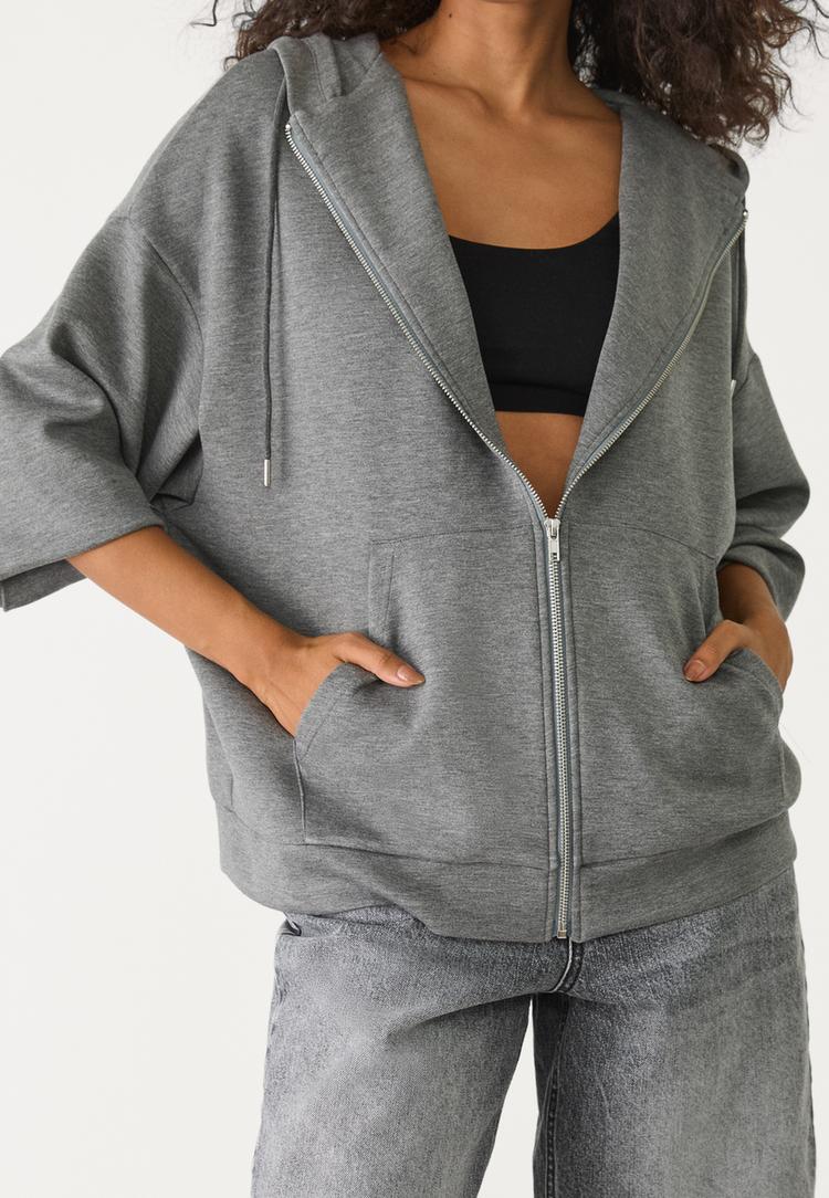 yumusak dokulu fermuarl ve kapusonlu oversize sweatshirt