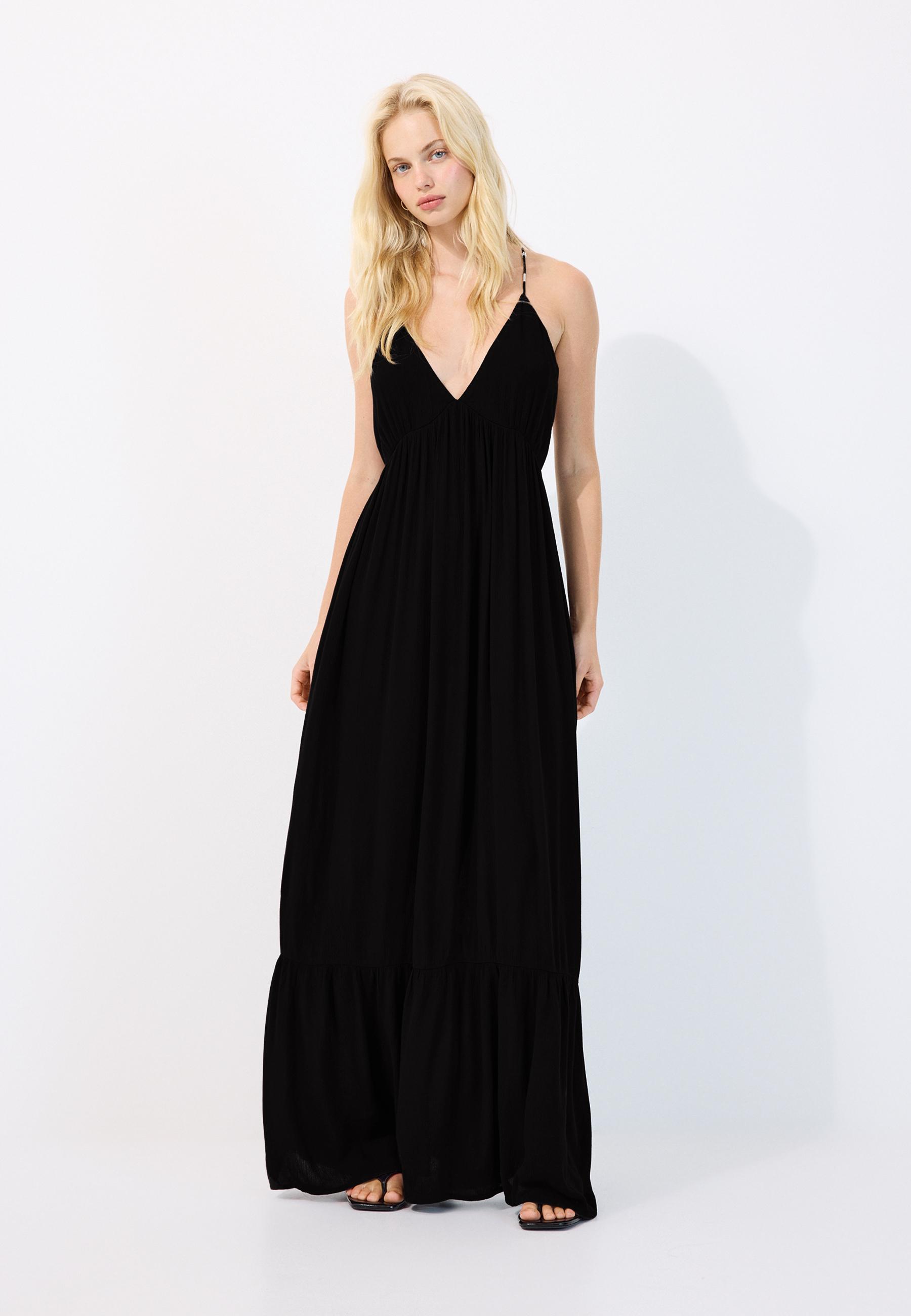 Long crepe dress with beading straps — Black