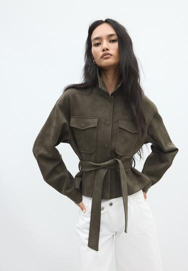 Cropped faux suede jacket — Khaki 1
