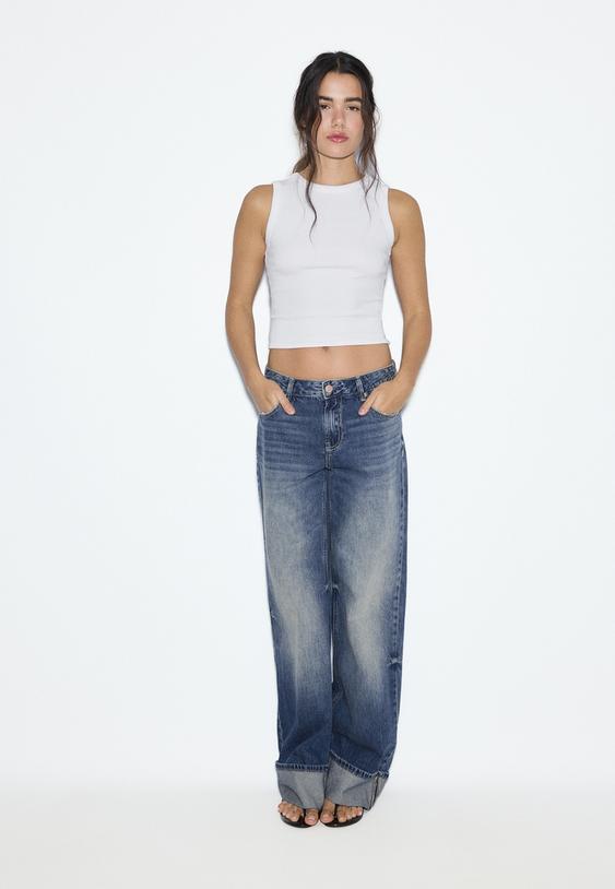 Stradivarius D91 Jean Low Wide Leg Denim Bleu Moyen Délavé 32