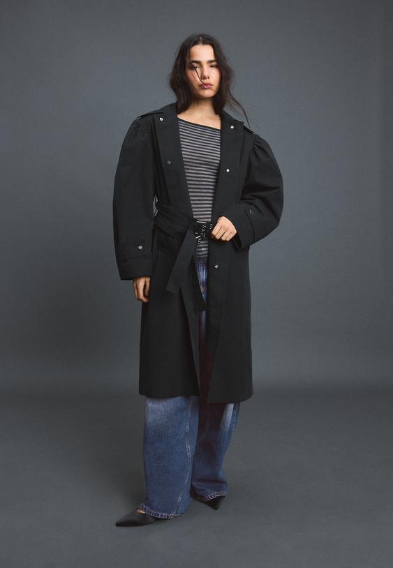 Stradivarius Voluminous-Sleeve Trench Coat Black Xl