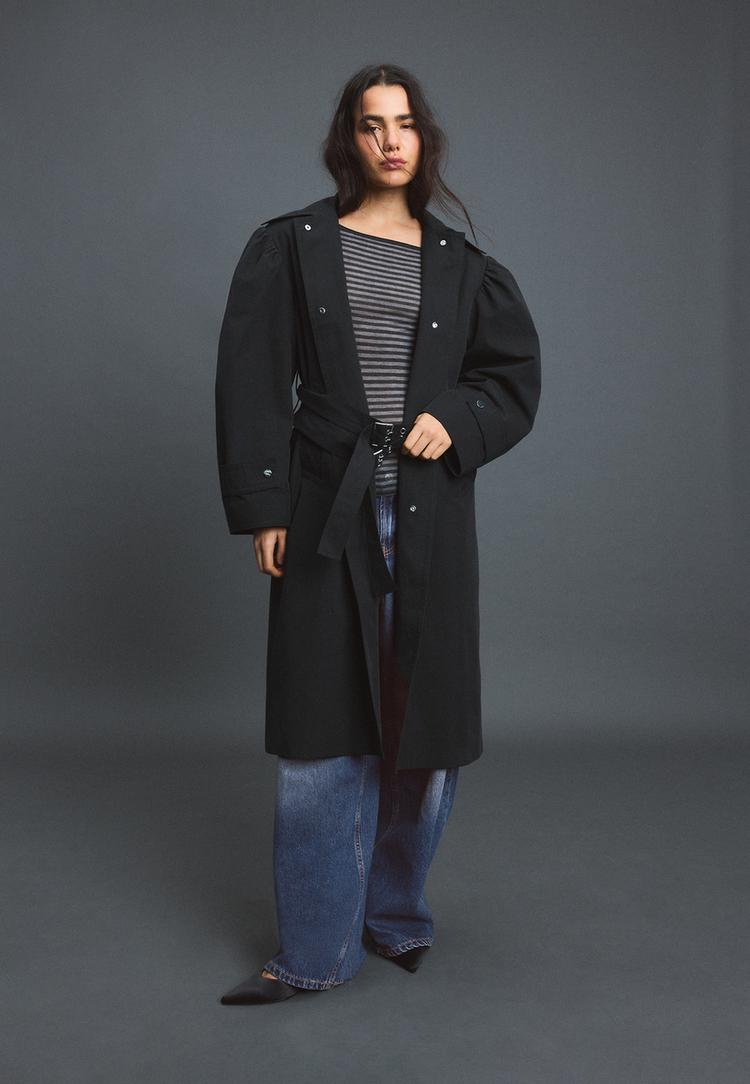 Stradivarius Trench Με Ογκώδη Μανίκια Μαύρο Xl