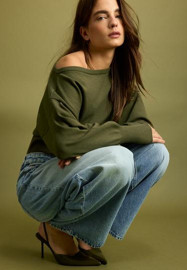 Asymmetric ribbed hem knit jumper — Khaki 1
