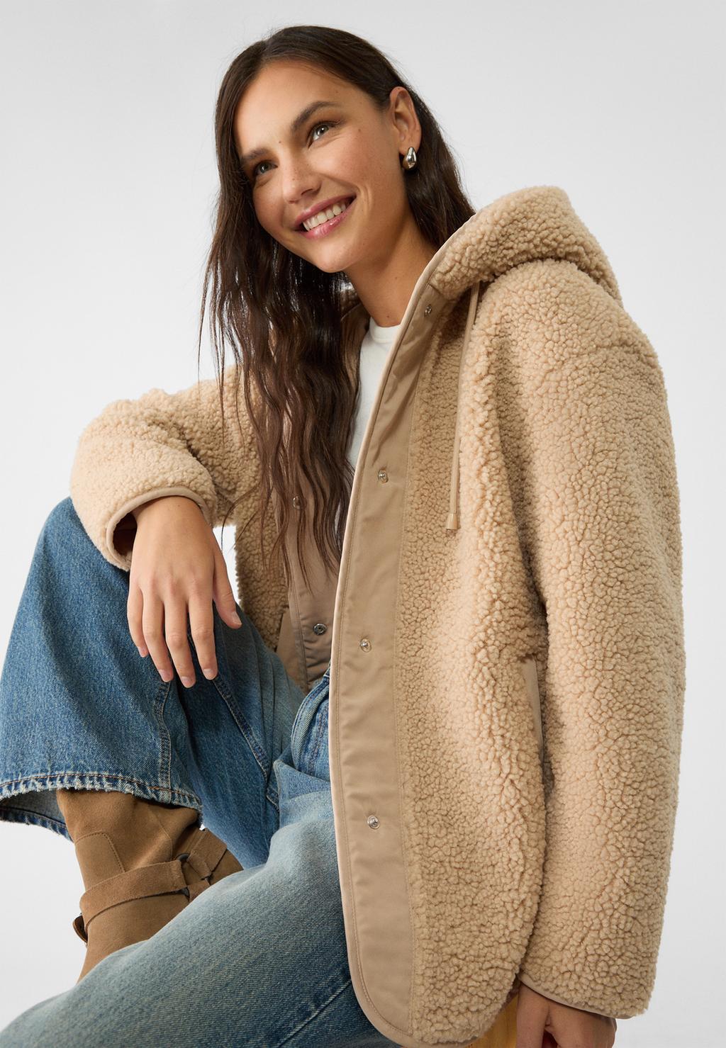 Hooded faux shearling lined coat