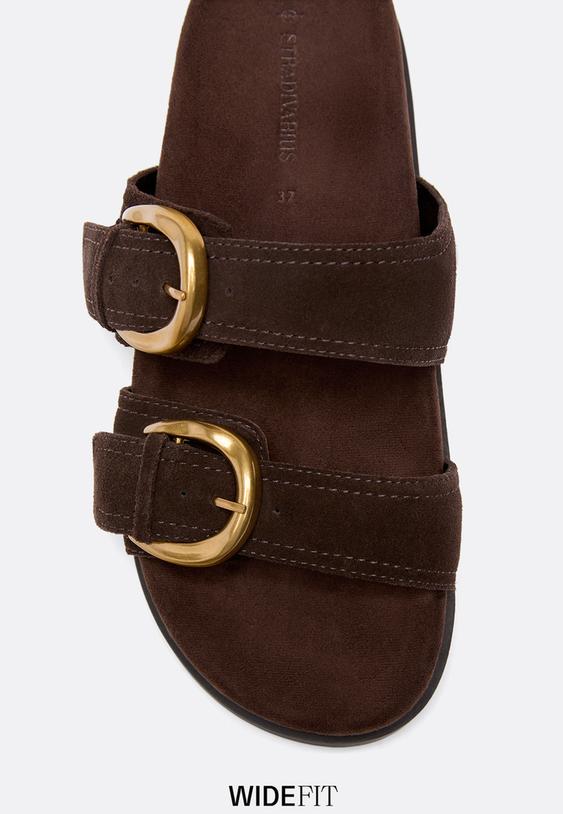 wide fit platte leren sandalen met gespen