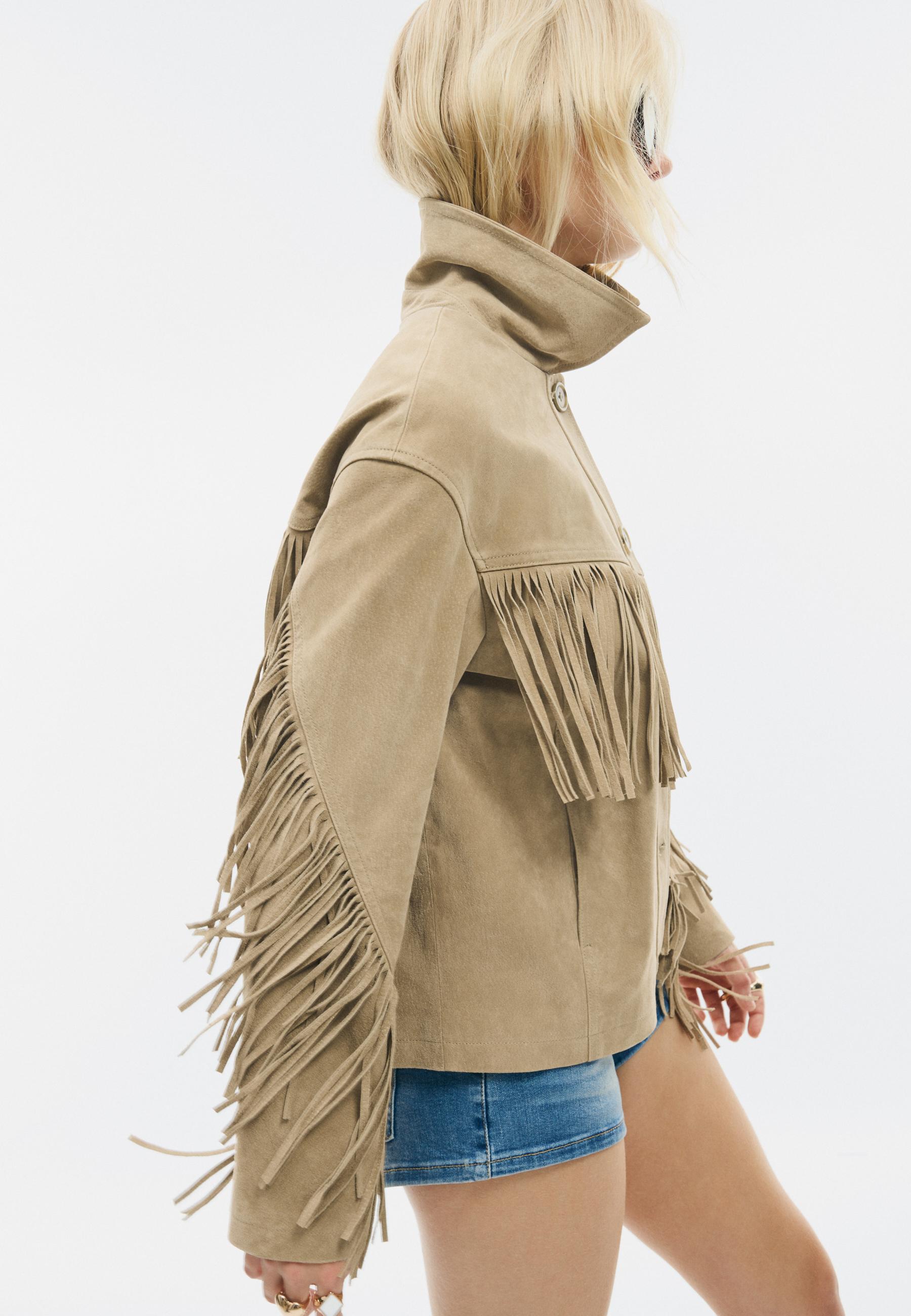 Fringed leather jacket — Stone