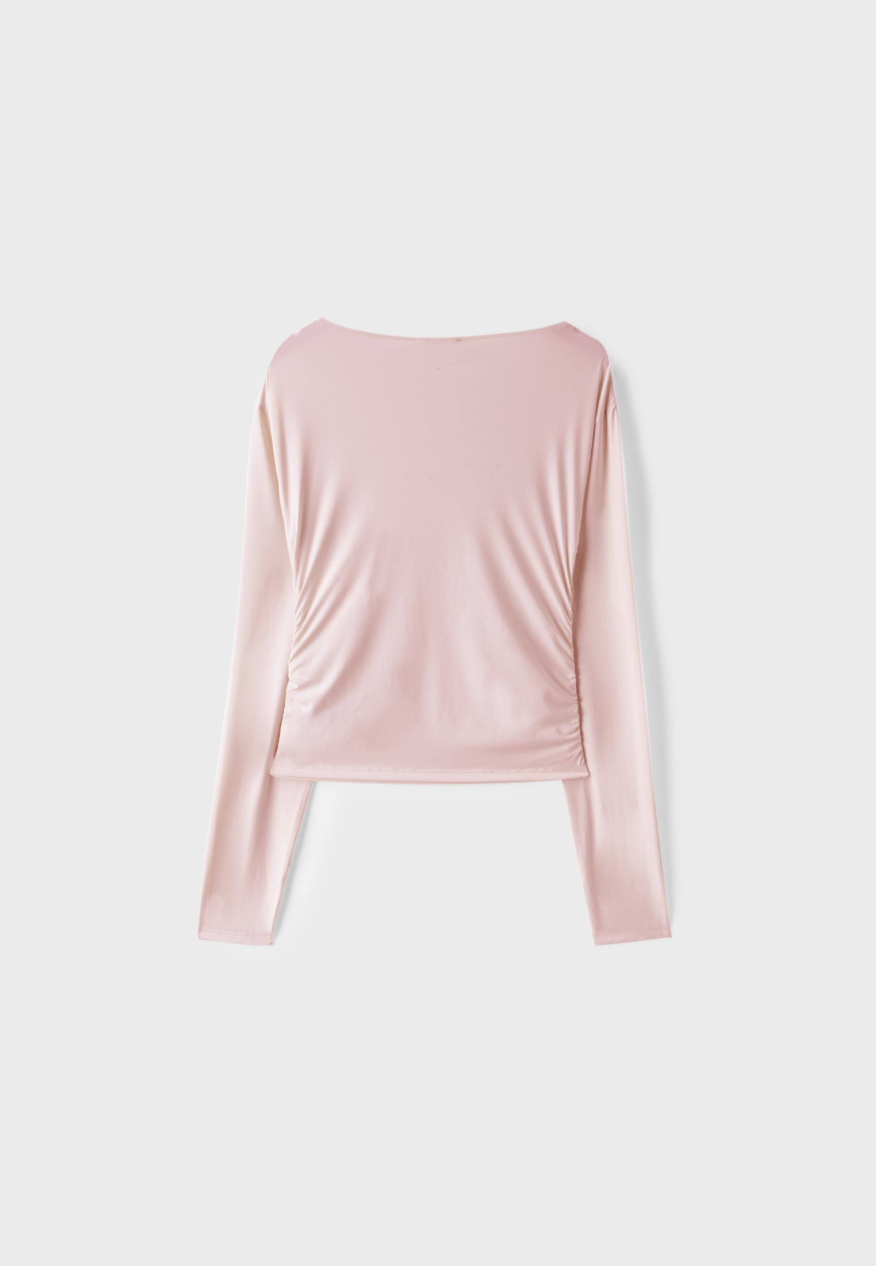 Long sleeve gathered polyamide T-shirt — Pastel pink