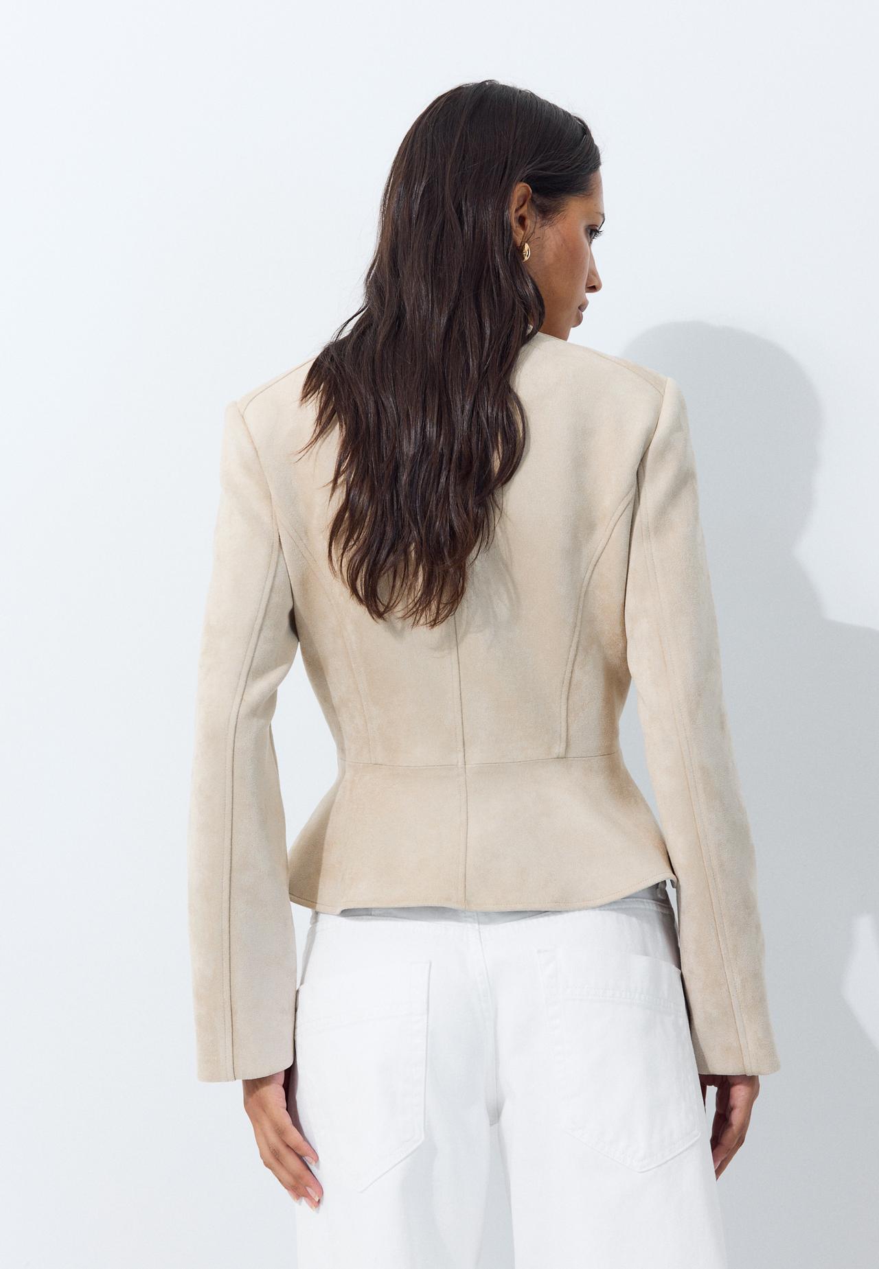 Fitted faux suede peplum jacket — Ecru