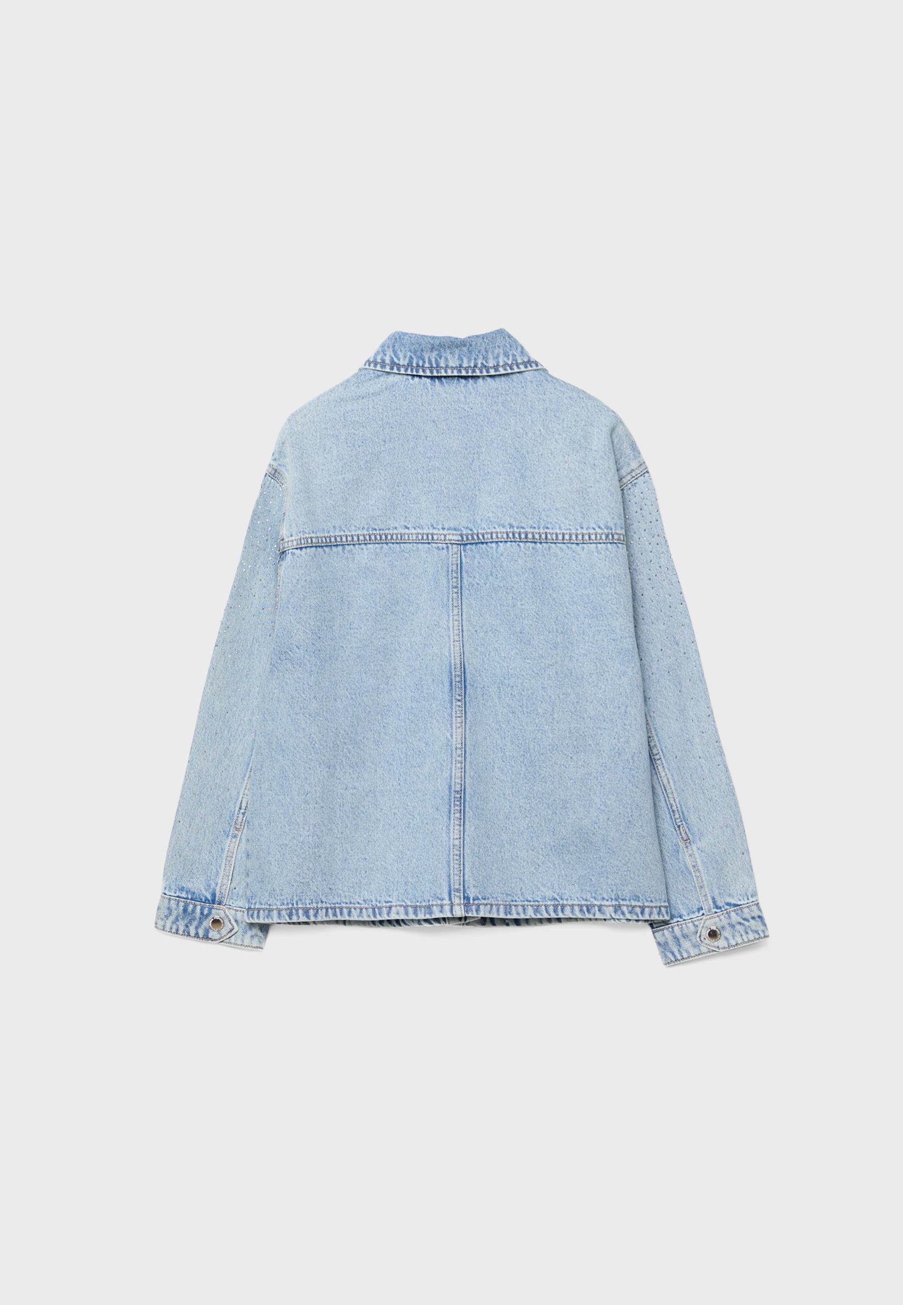 Denim jacket with patch pockets and rhinestones — MEDIUM LIGHT BLUE DENIM