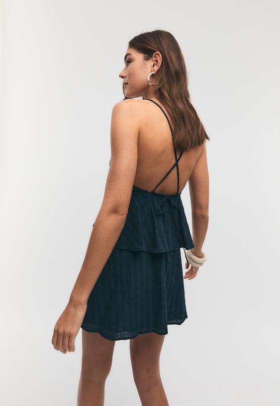 Stradivarius Short Ruffled Strappy Dress Dark Blue Xs