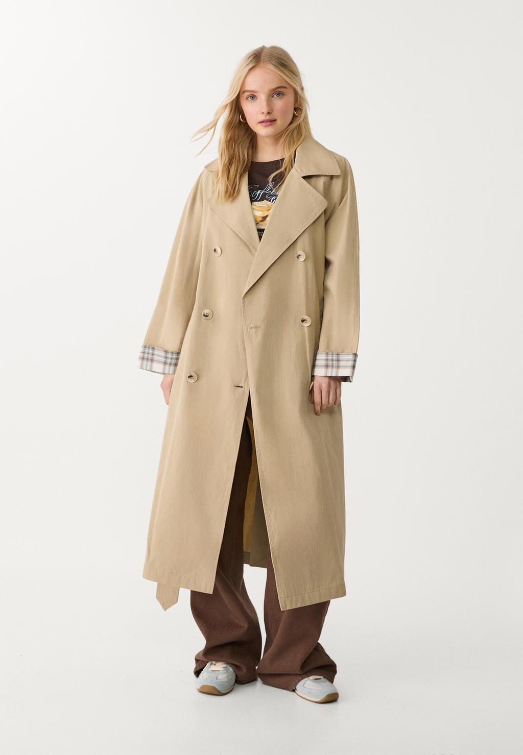 Long check trench coat with turn-up detail