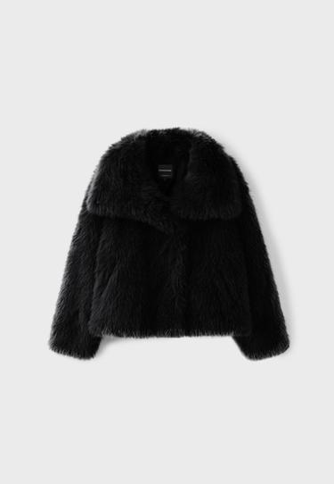 Basic high neck faux fur jacket — Black 7