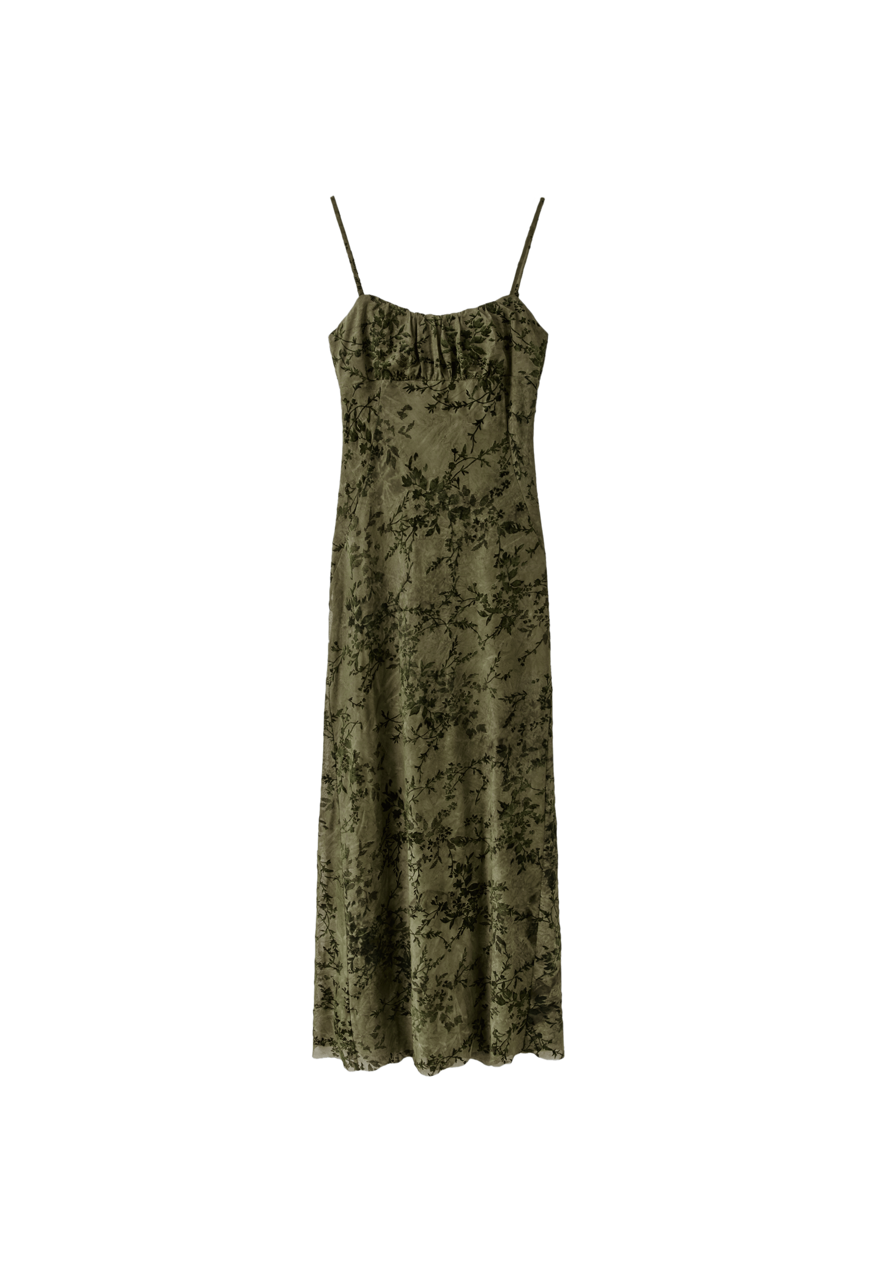 Flocked midi strap dress — Khaki