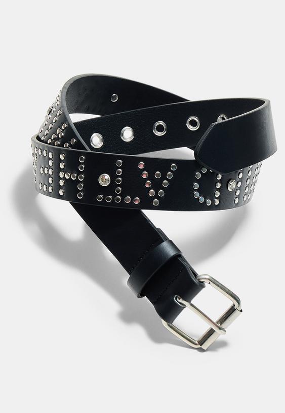 Stradivarius Studded Slogan Belt Black 26