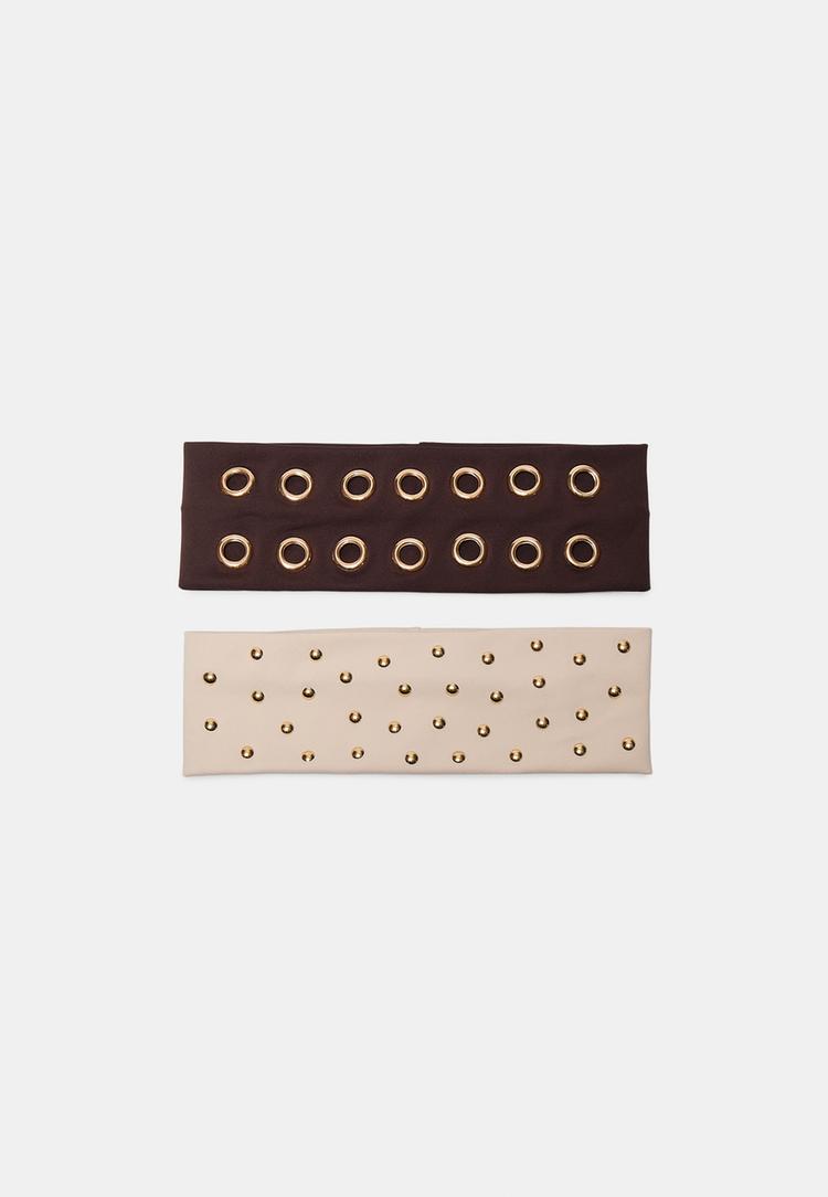 Set of 2 fur headbands with studs — Brown