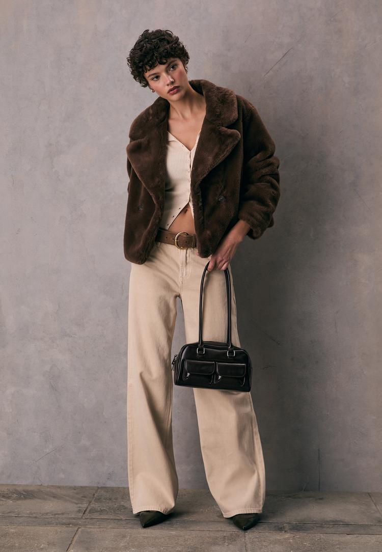 Stradivarius Κρουαζέ Μπουφάν Με Συνθετική Γούνα Καφέ L