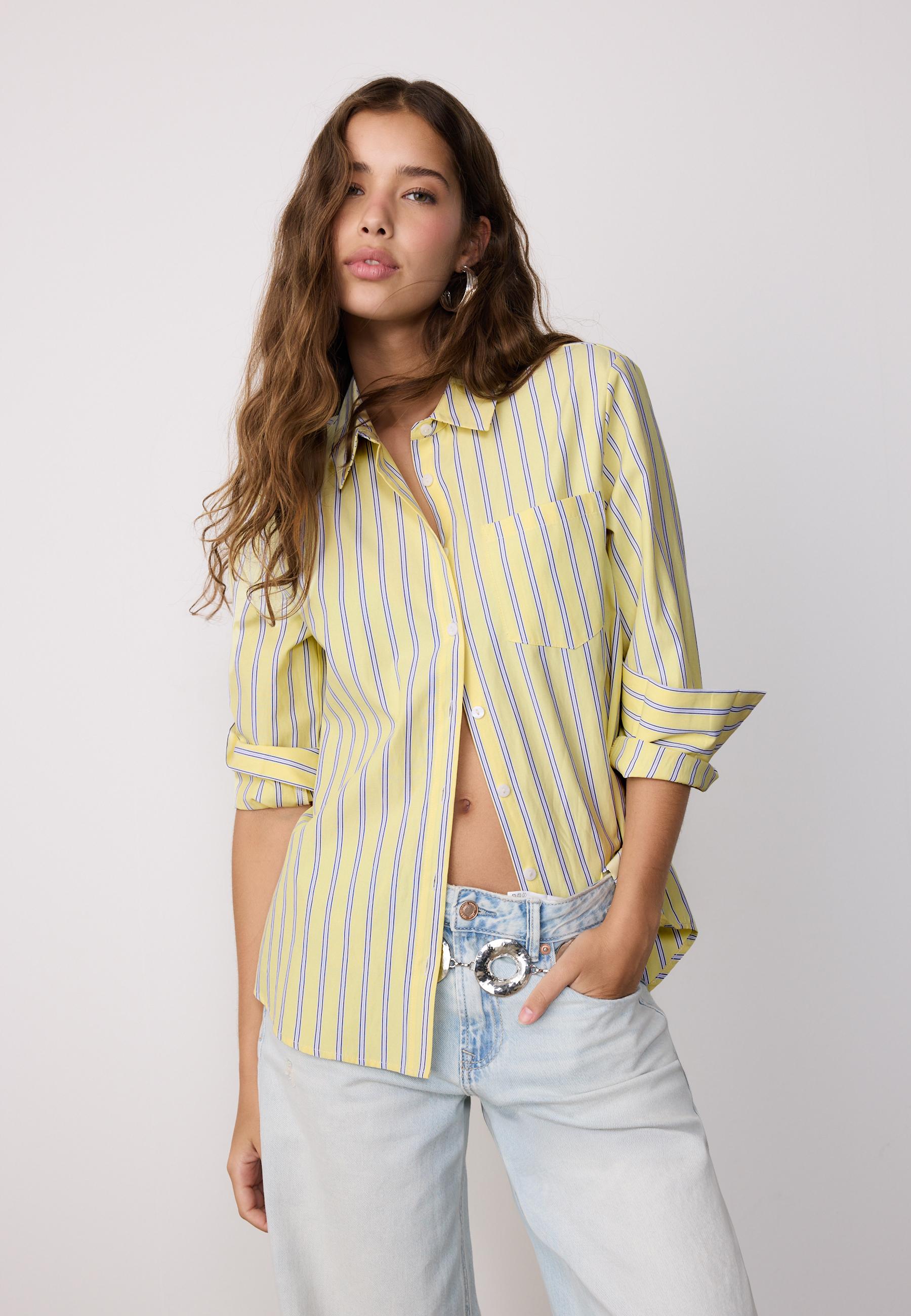 Basic çizgili poplin cepli gömlek
