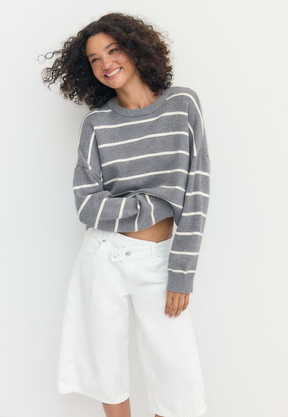 Stradivarius Pulover Crop Din Tricot Cu Dungi Gri Închis M