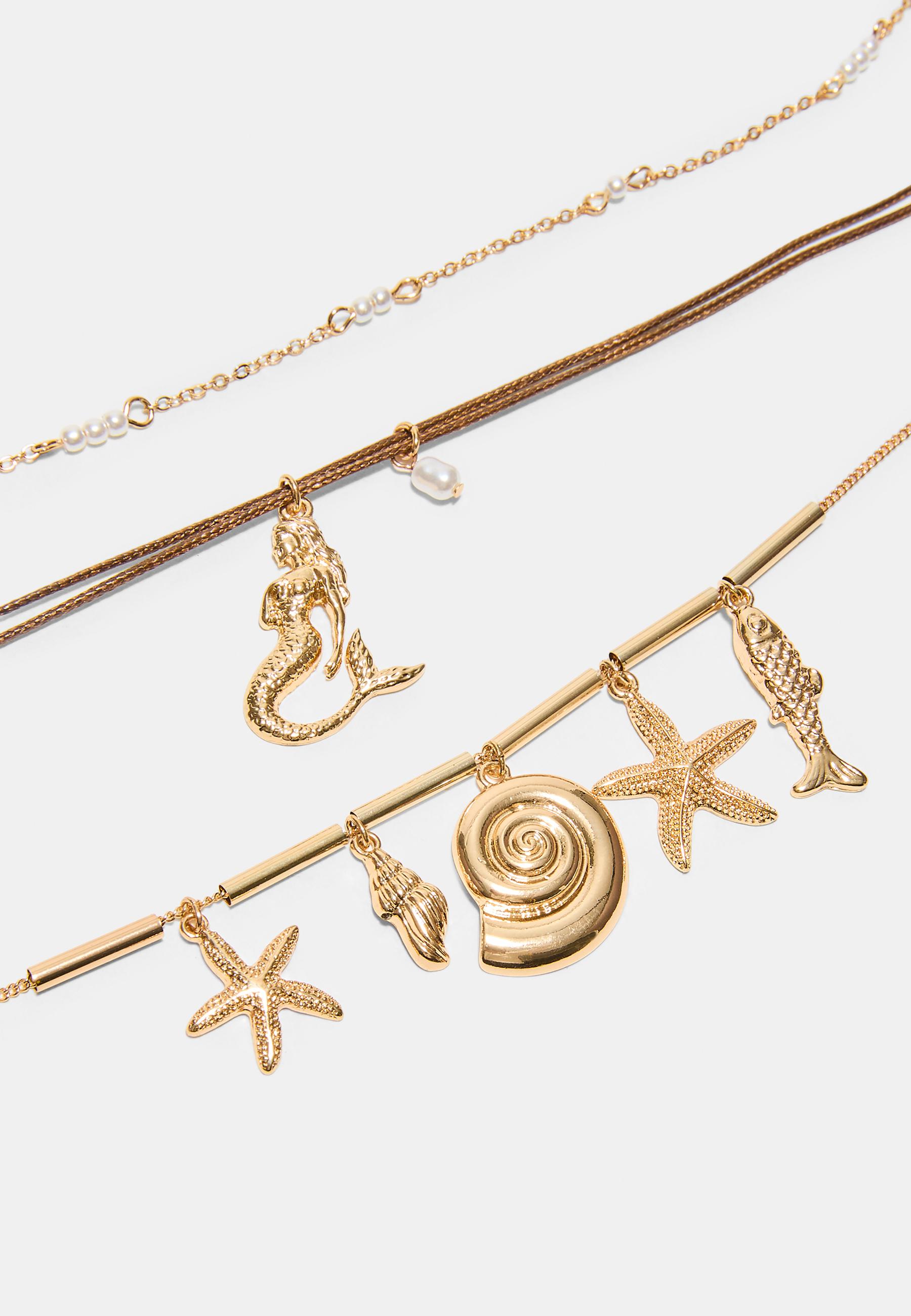 Set of 3 mermaid charm necklaces — Gold