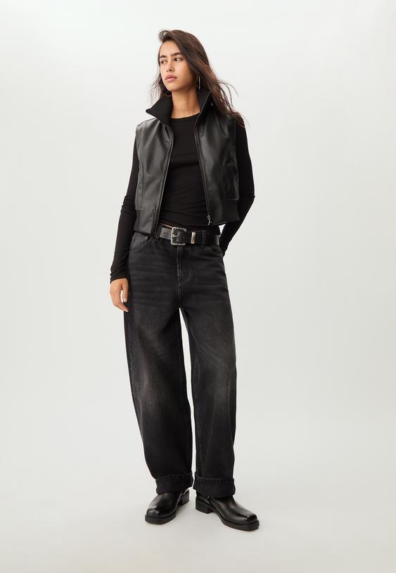 rib detayl suni deri yelek